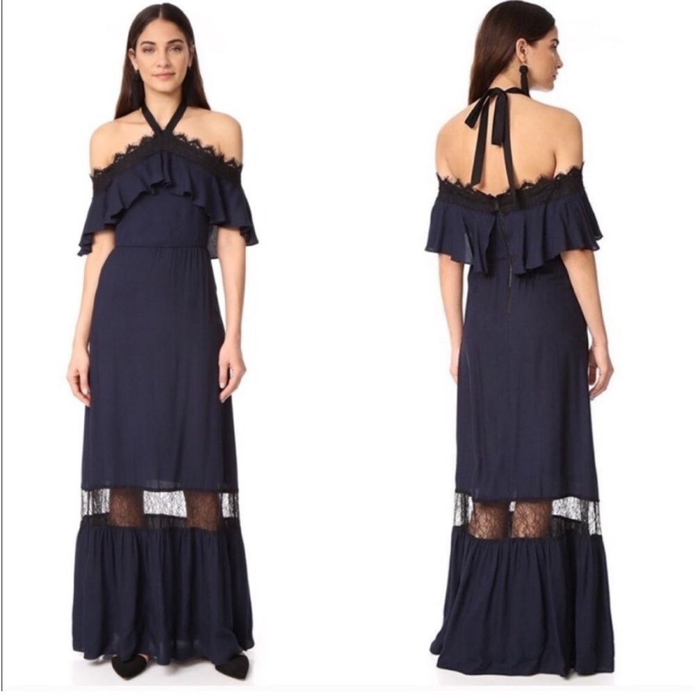 Alice + Olivia Navy Off-Shoulder Maxi Dress with Lace Insets
